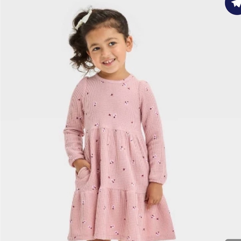 Cat & Jack Pink Ribbed Tiered Floral Long-Sleeve Dress
